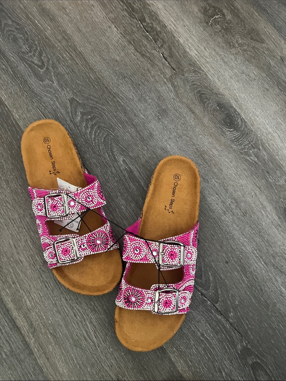 Beaded Pink Double-Buckle Women's Slide Sandals